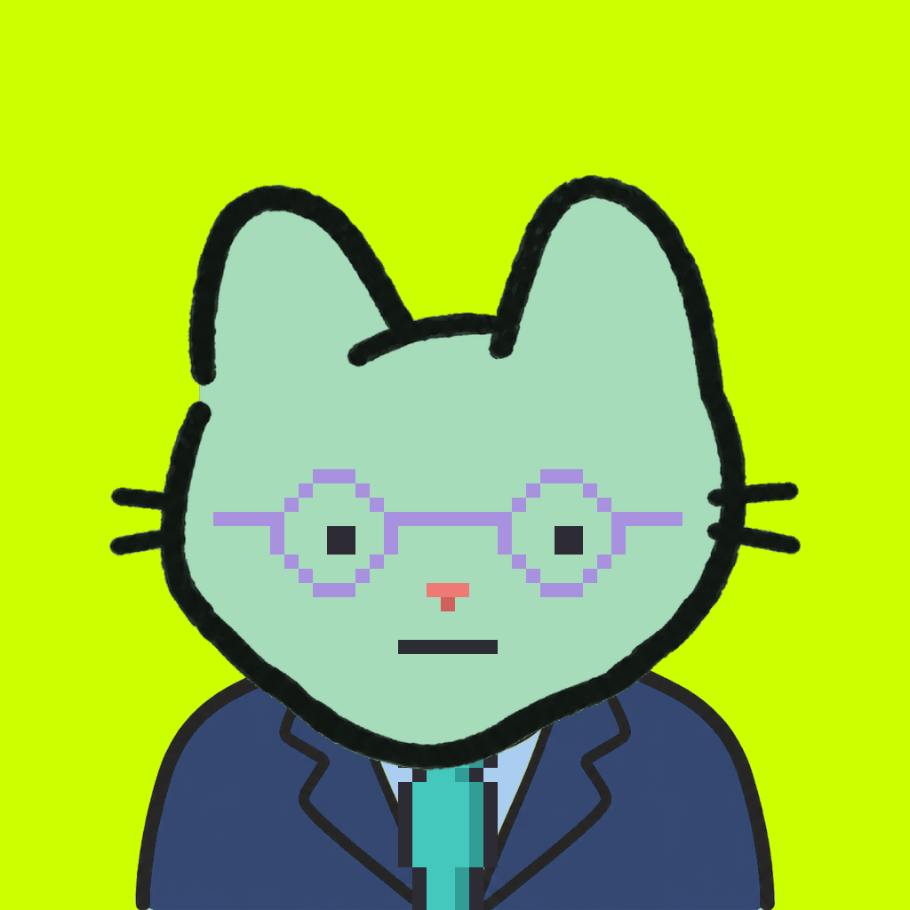 Employee #0722 — a mint cat, in a navy suit, with a teal tie, wearing round-lavender glasses, on volt