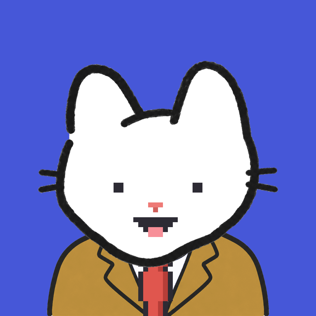 Employee #0723 — a white cat, in a mustard suit, with a red tie, on royal