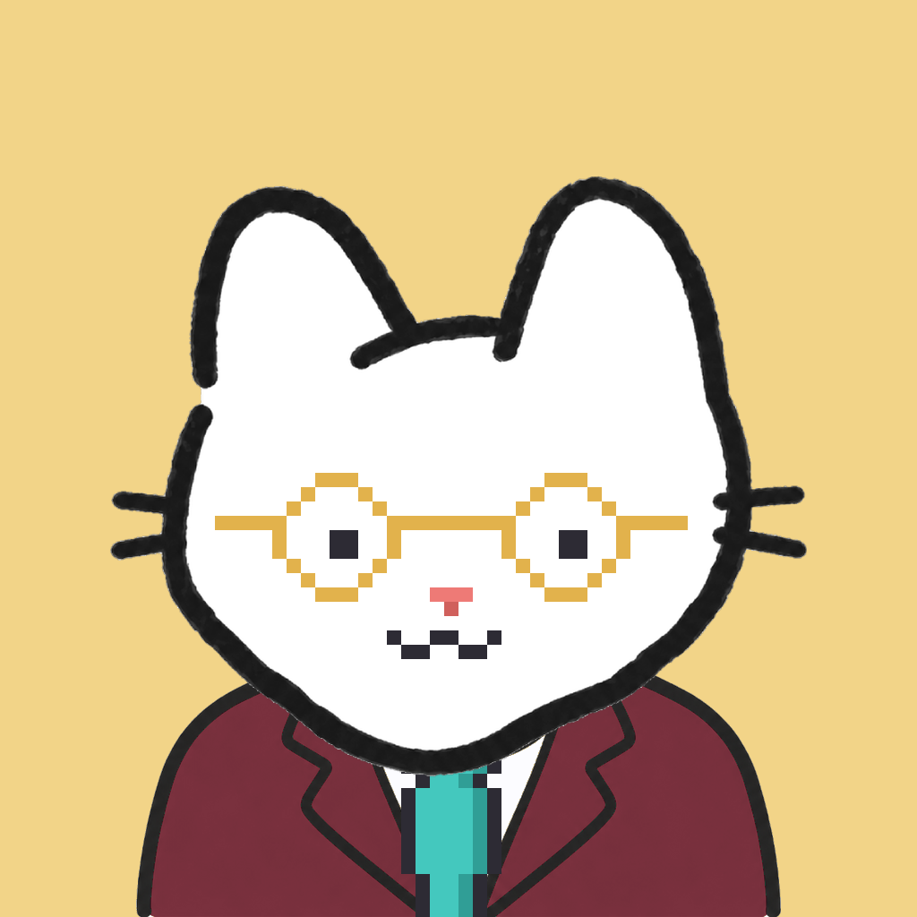 Employee #0724 — a white cat, in a burgundy suit, with a teal tie, wearing round-gold glasses, on butter
