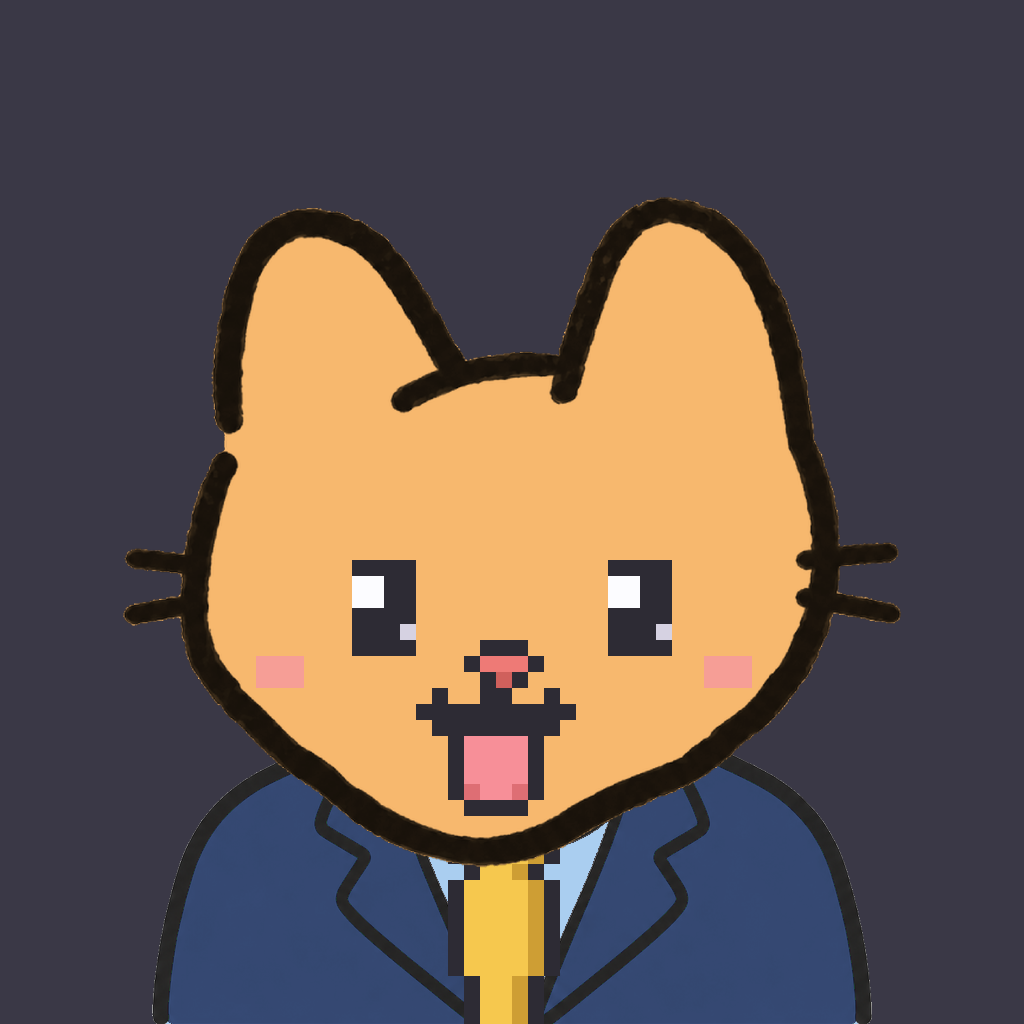 Employee #0726 — a tabby cat, in a navy suit, with a gold tie, on charcoal