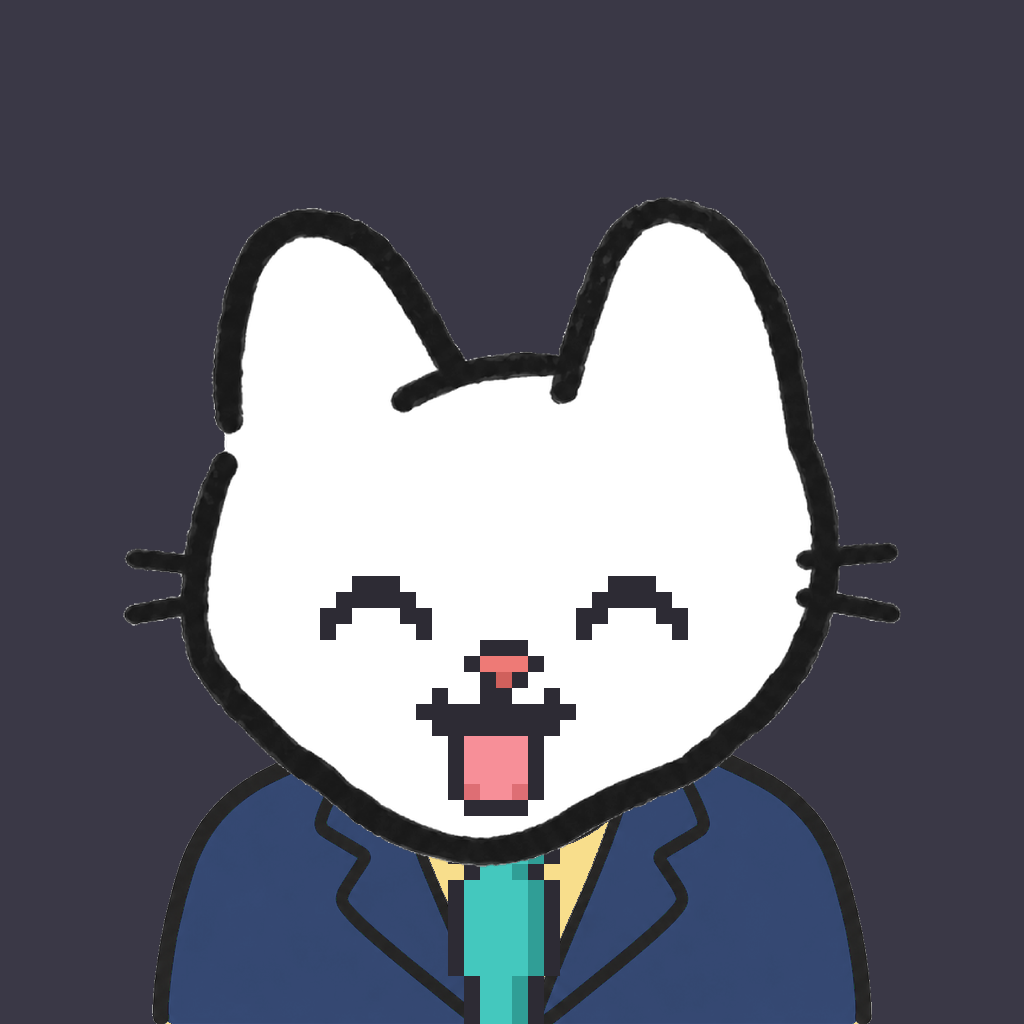 Employee #0727 — a white cat, in a navy suit, with a teal tie, on charcoal