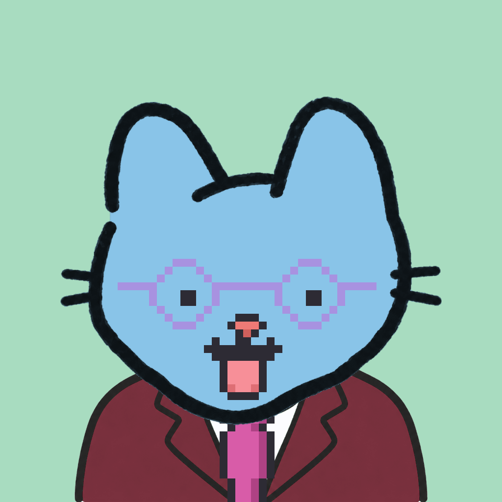 Employee #0728 — a sky cat, in a burgundy suit, with a magenta tie, wearing round-lavender glasses, on mint