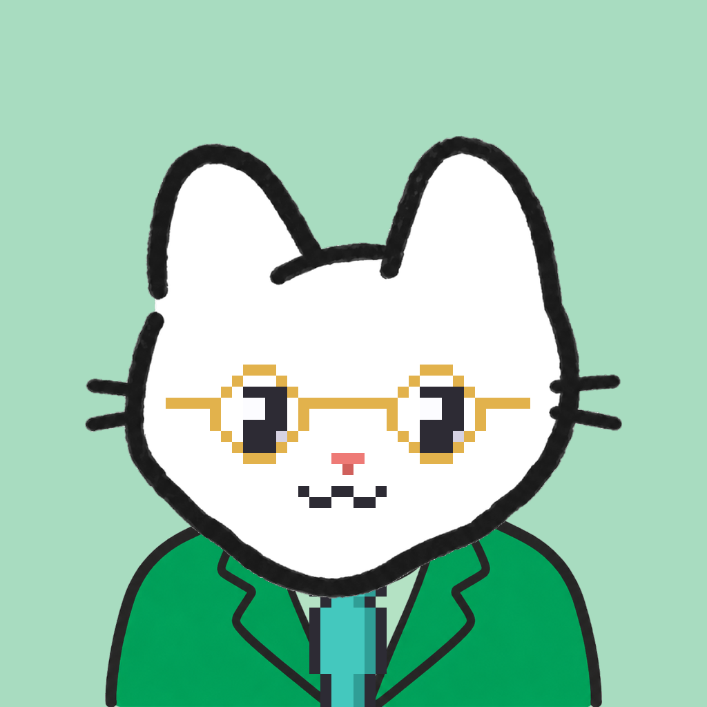 Employee #0729 — a white cat, in a green suit, with a teal tie, wearing round-gold glasses, on mint