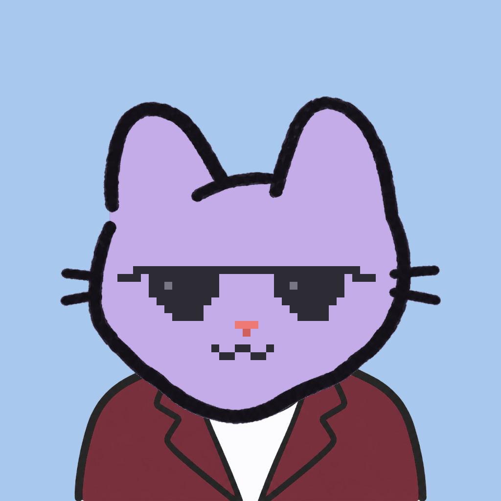 Employee #0073 — a lavender cat, in a burgundy suit, wearing shades glasses, on sky