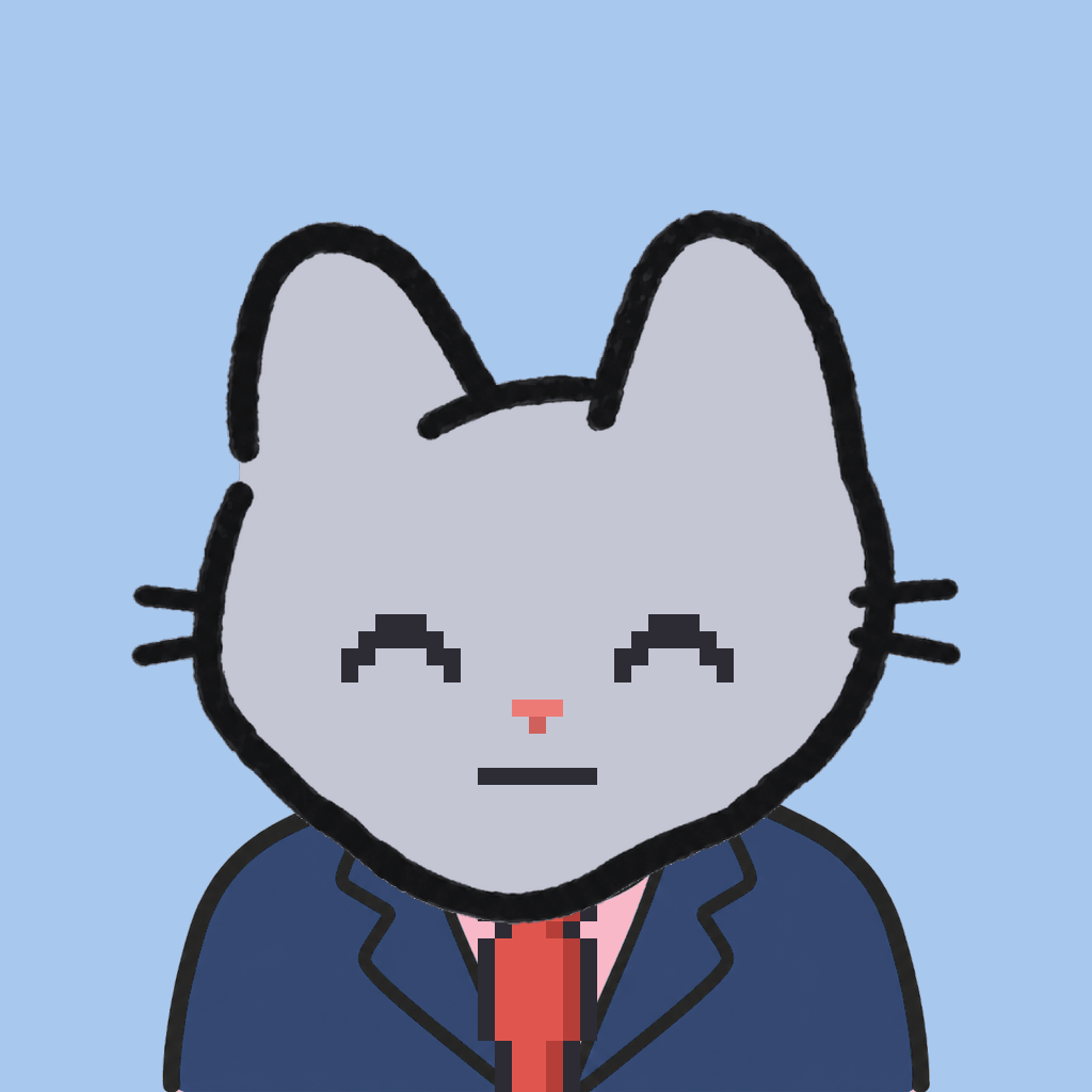 Employee #0730 — a gray cat, in a navy suit, with a red tie, on sky