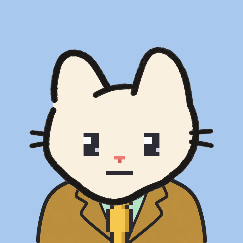 Employee #0731 — a cream cat, in a mustard suit, with a gold tie, on sky