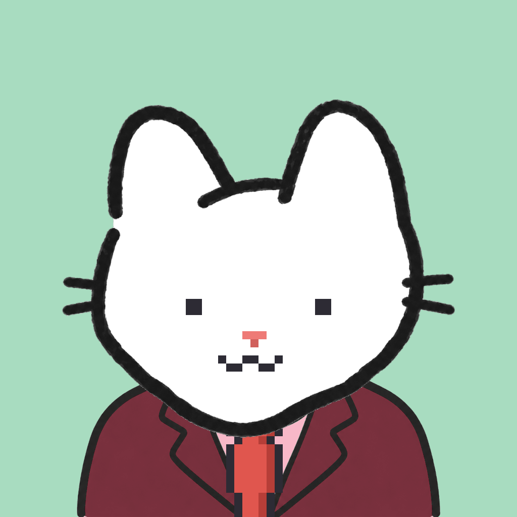 Employee #0732 — a white cat, in a burgundy suit, with a red tie, on mint