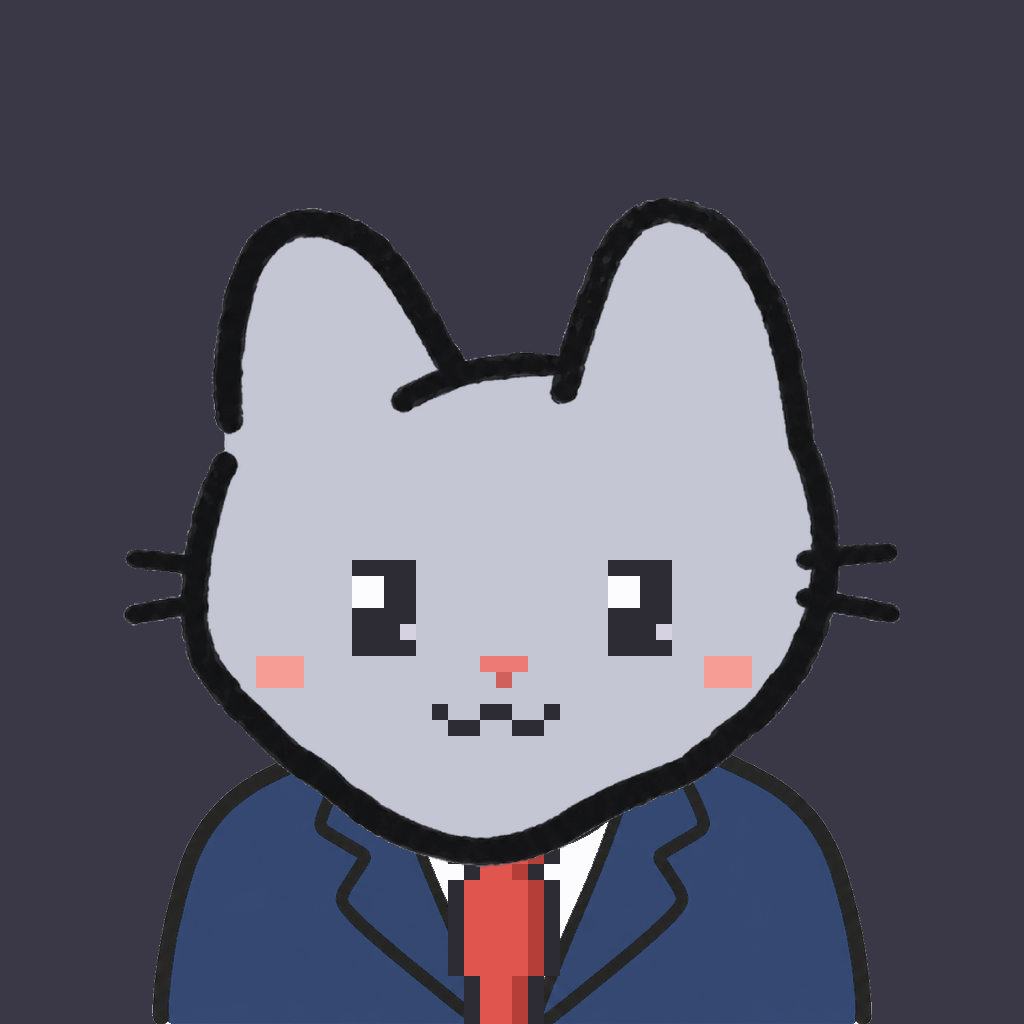 Employee #0733 — a gray cat, in a navy suit, with a red tie, on charcoal