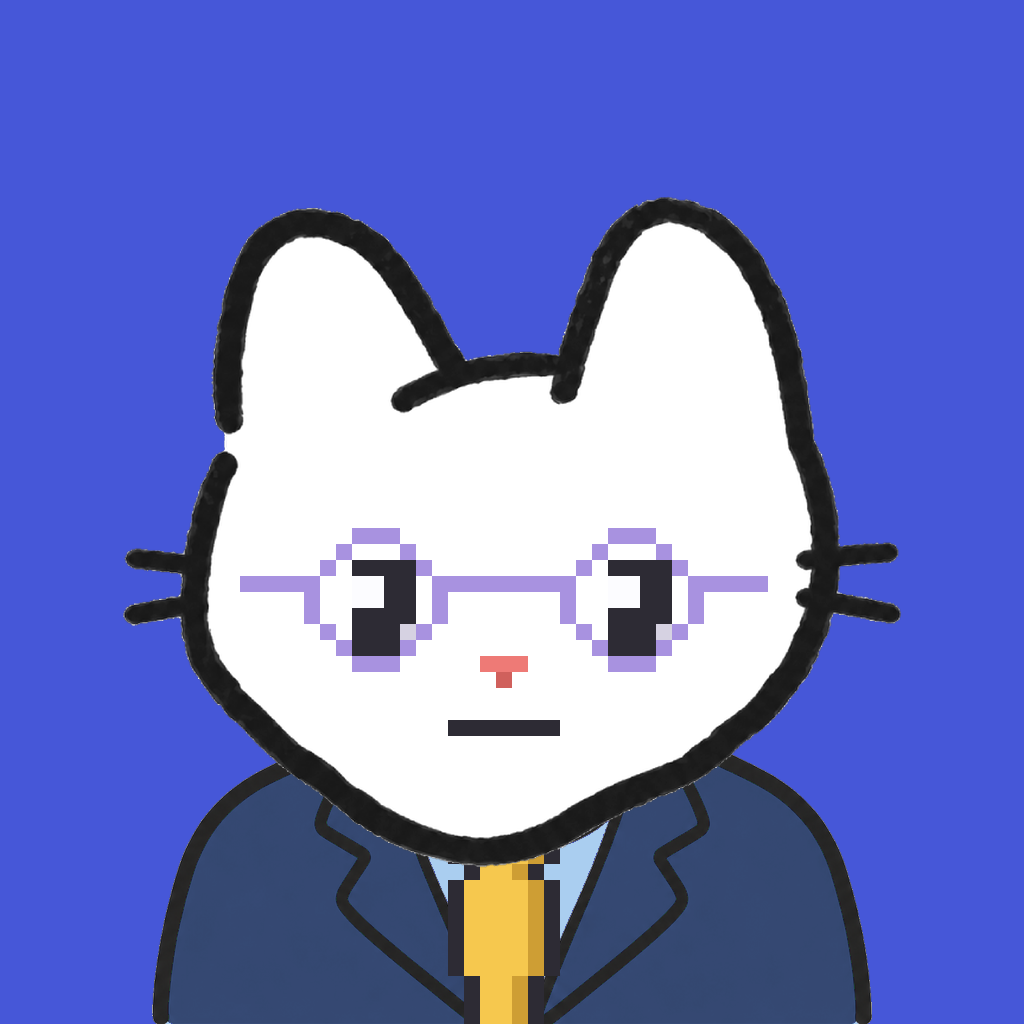 Employee #0734 — a white cat, in a navy suit, with a gold tie, wearing round-lavender glasses, on royal
