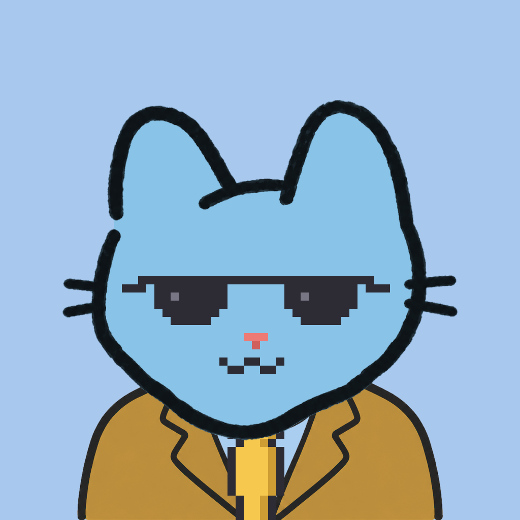 Employee #0735 — a sky cat, in a mustard suit, with a gold tie, wearing shades glasses, on sky