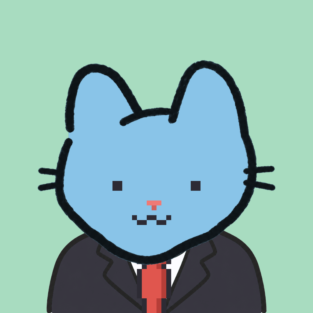 Employee #0736 — a sky cat, in a black suit, with a red tie, on mint