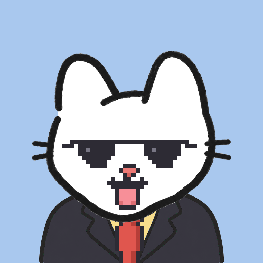 Employee #0737 — a white cat, in a black suit, with a red tie, wearing shades glasses, on sky
