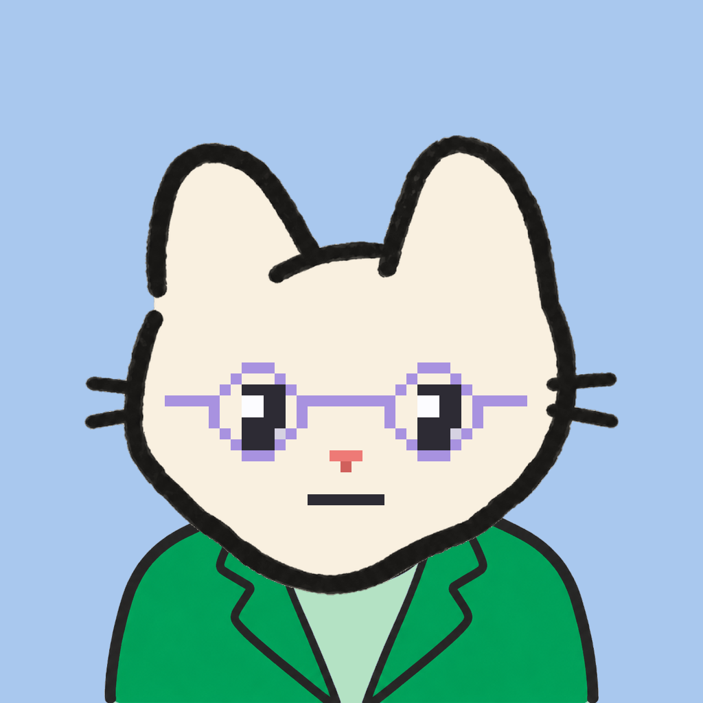 Employee #0738 — a cream cat, in a green suit, wearing round-lavender glasses, on sky