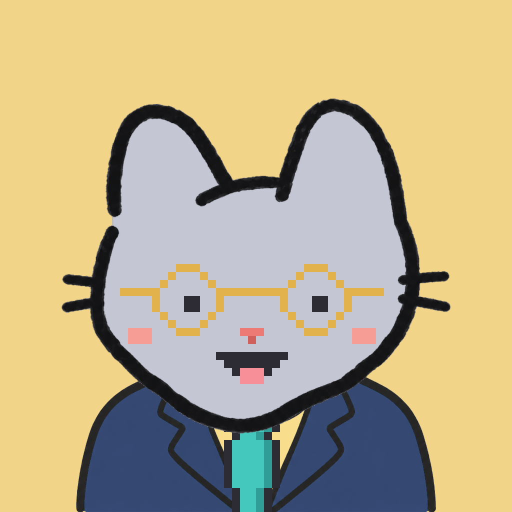 Employee #0739 — a gray cat, in a navy suit, with a teal tie, wearing round-gold glasses, on butter