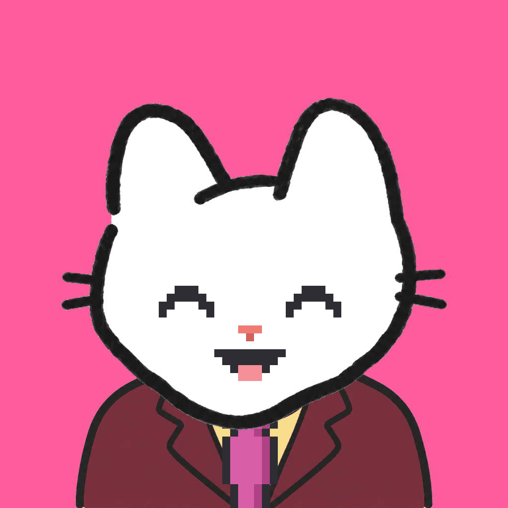Employee #0074 — a white cat, in a burgundy suit, with a magenta tie, on hot pink