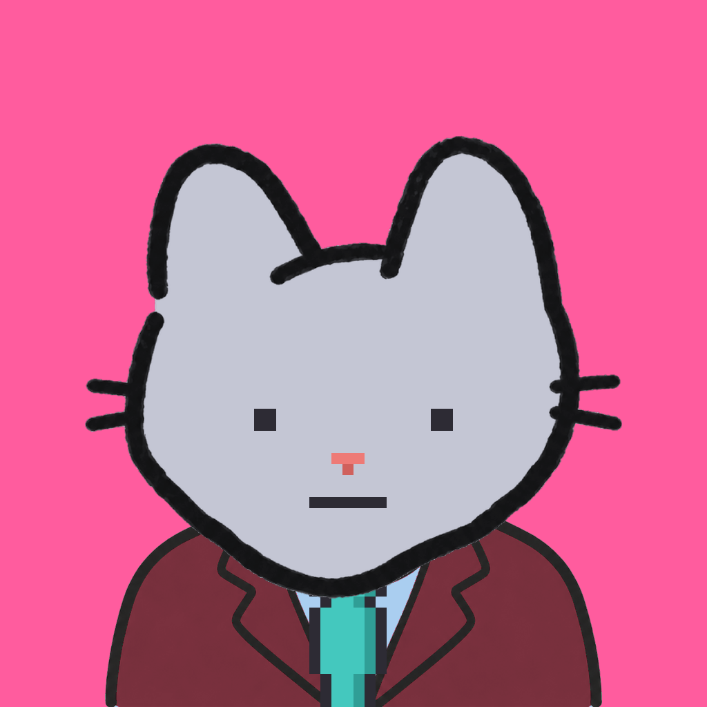 Employee #0740 — a gray cat, in a burgundy suit, with a teal tie, on hot pink
