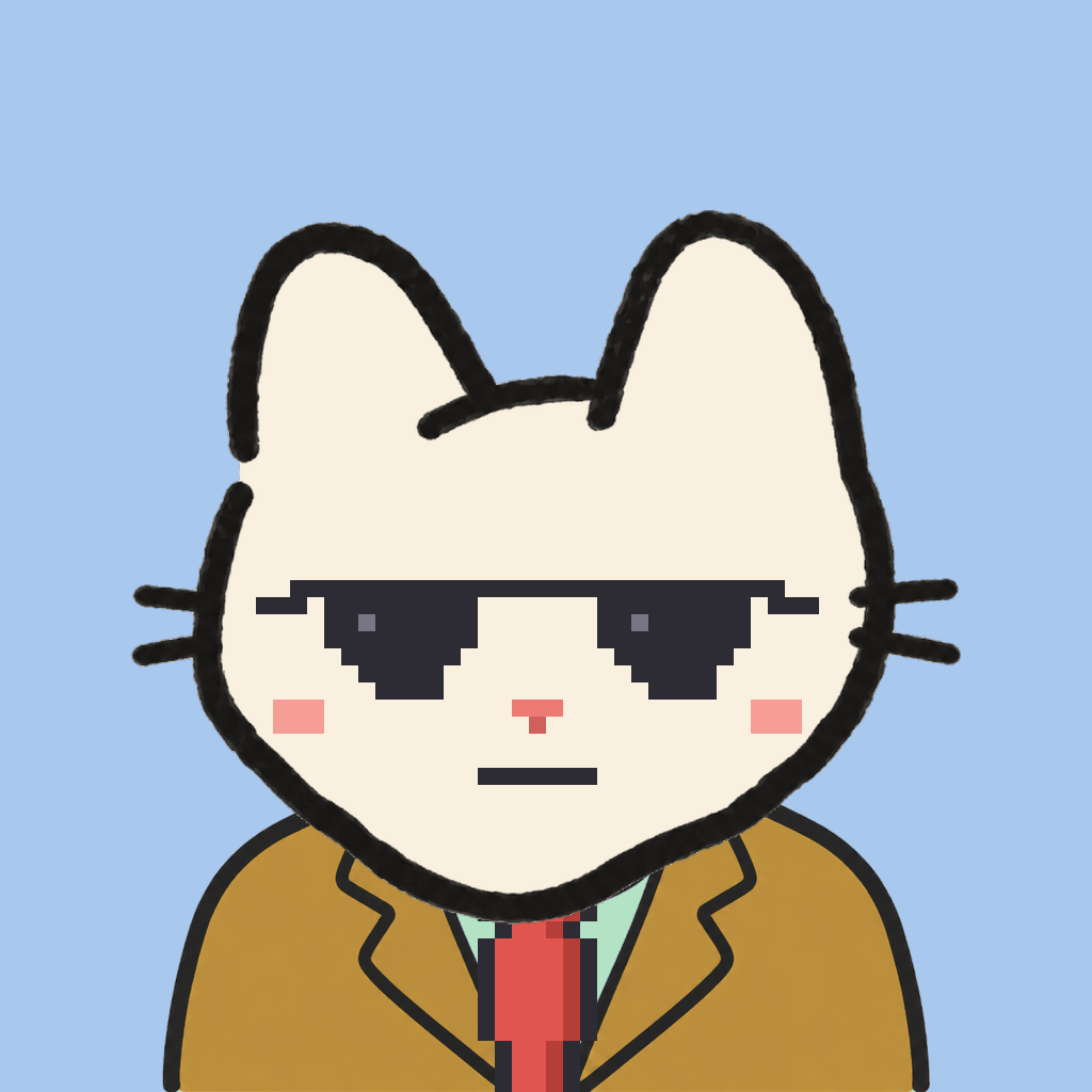 Employee #0741 — a cream cat, in a mustard suit, with a red tie, wearing shades glasses, on sky
