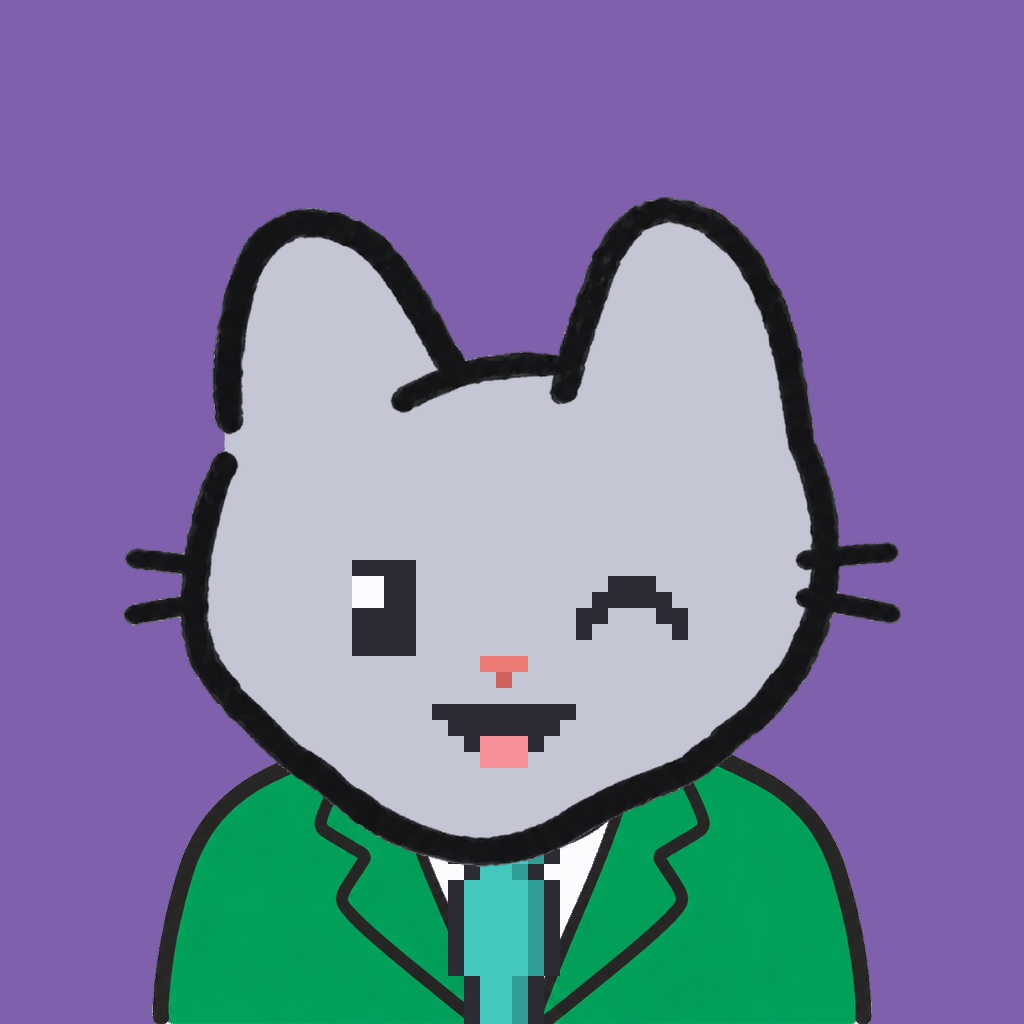 Employee #0742 — a gray cat, in a green suit, with a teal tie, on plasma violet