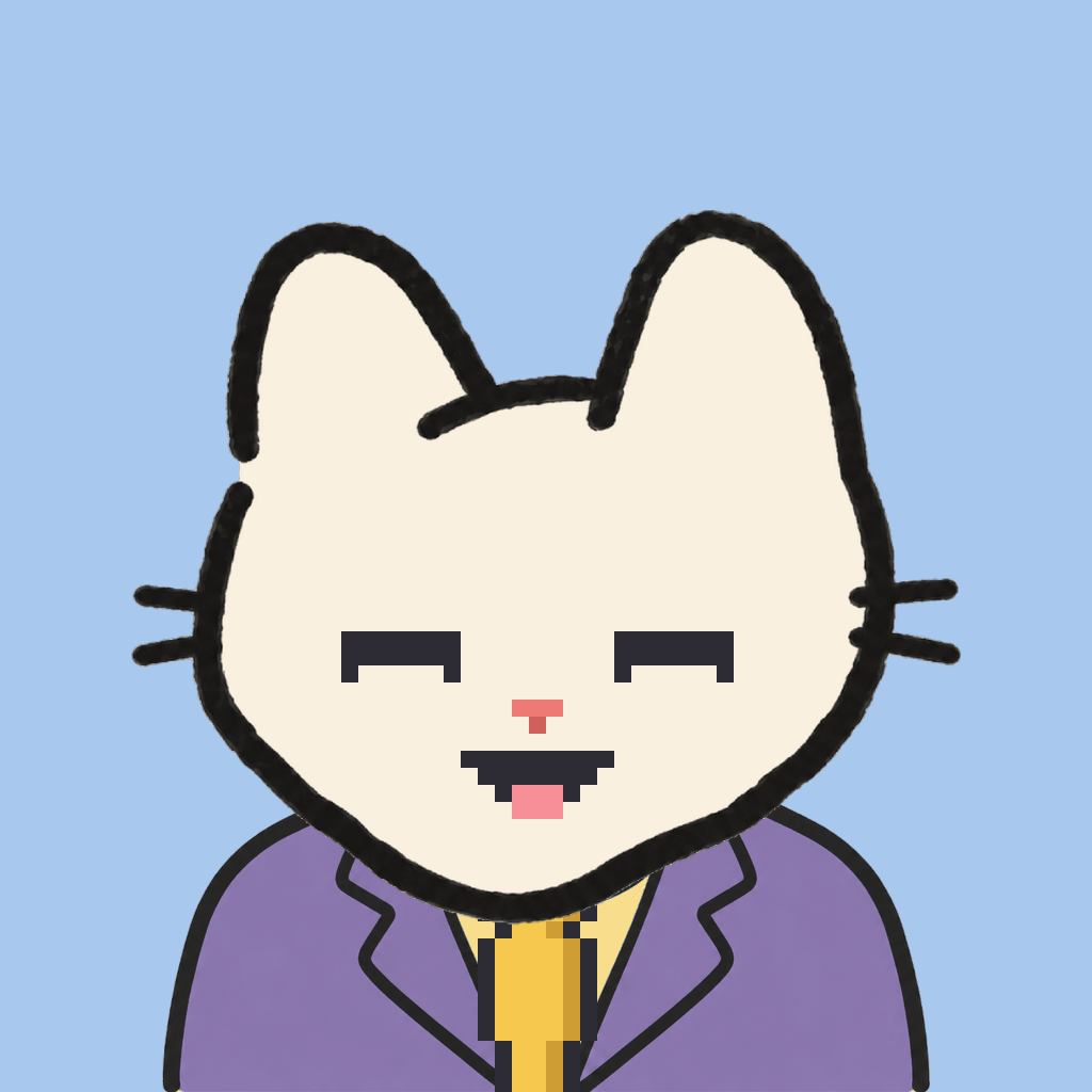 Employee #0743 — a cream cat, in a lavender suit, with a gold tie, on sky