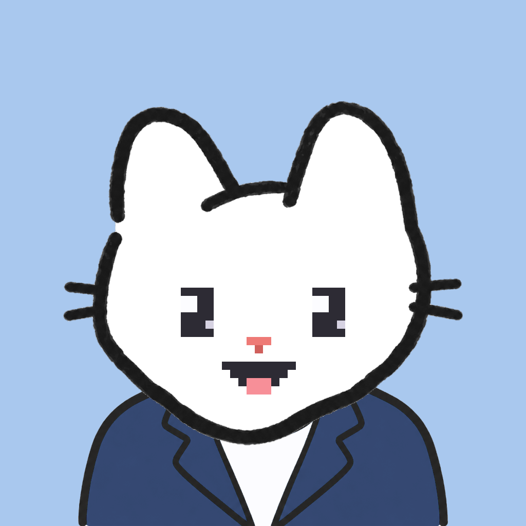 Employee #0744 — a white cat, in a navy suit, on sky