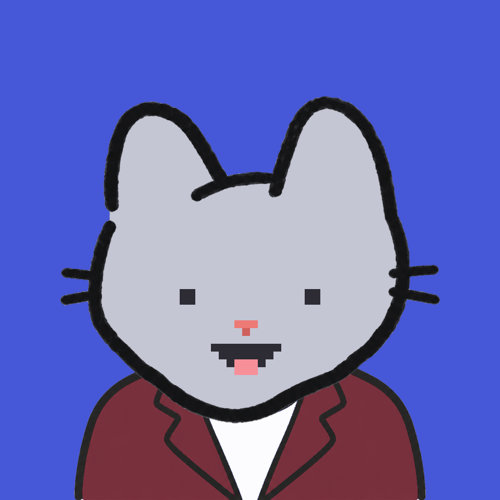 Employee #0745 — a gray cat, in a burgundy suit, on royal