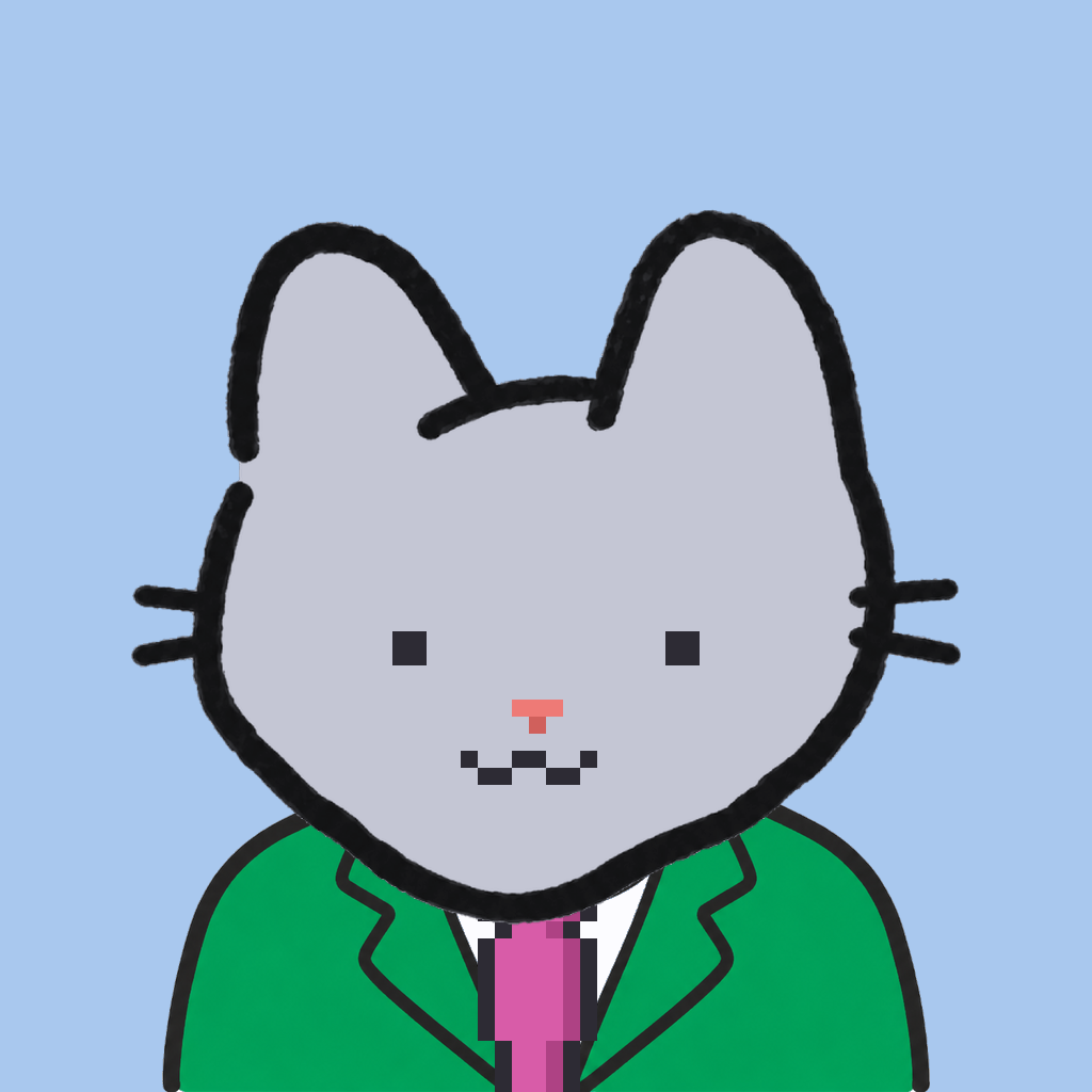 Employee #0746 — a gray cat, in a green suit, with a magenta tie, on sky