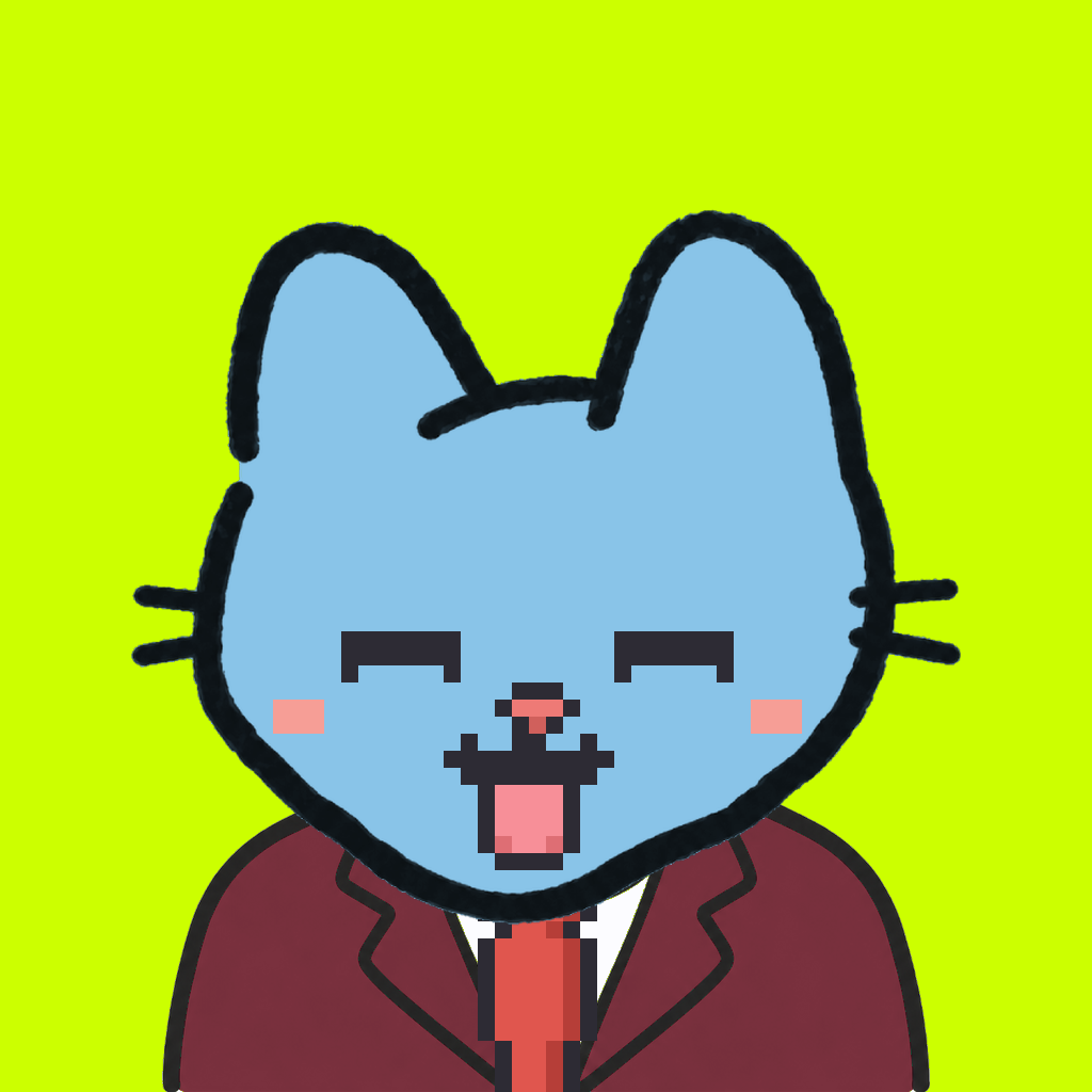Employee #0747 — a sky cat, in a burgundy suit, with a red tie, on volt