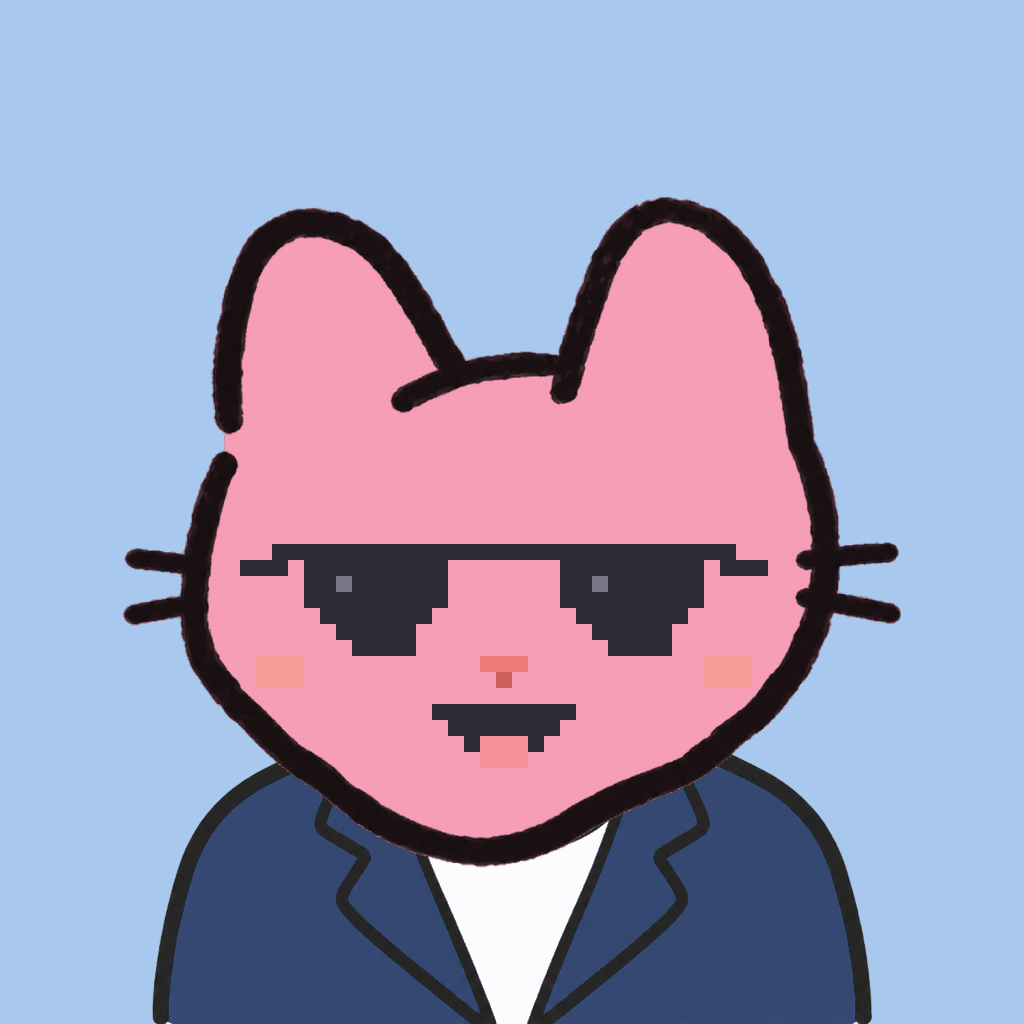Employee #0748 — a pink cat, in a navy suit, wearing shades glasses, on sky