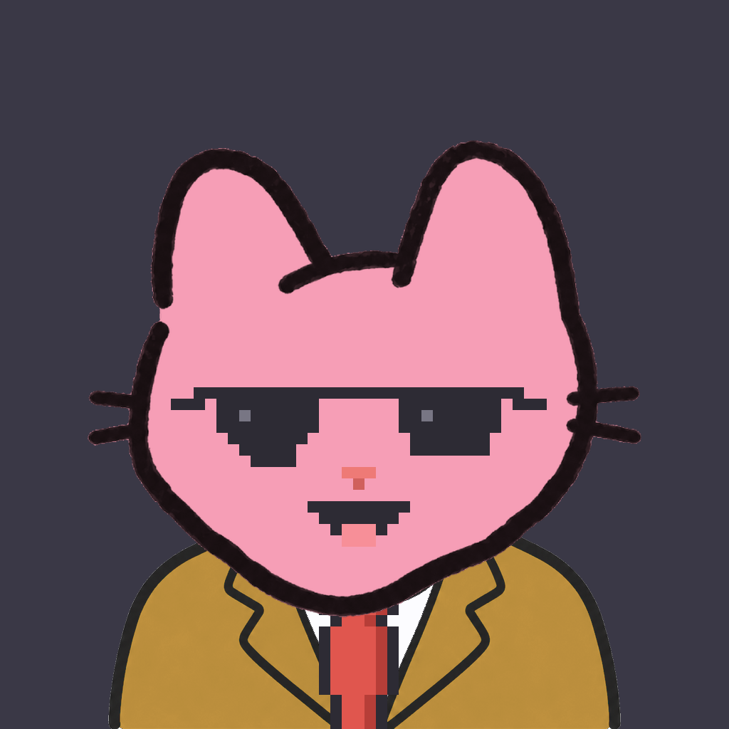 Employee #0749 — a pink cat, in a mustard suit, with a red tie, wearing shades glasses, on charcoal