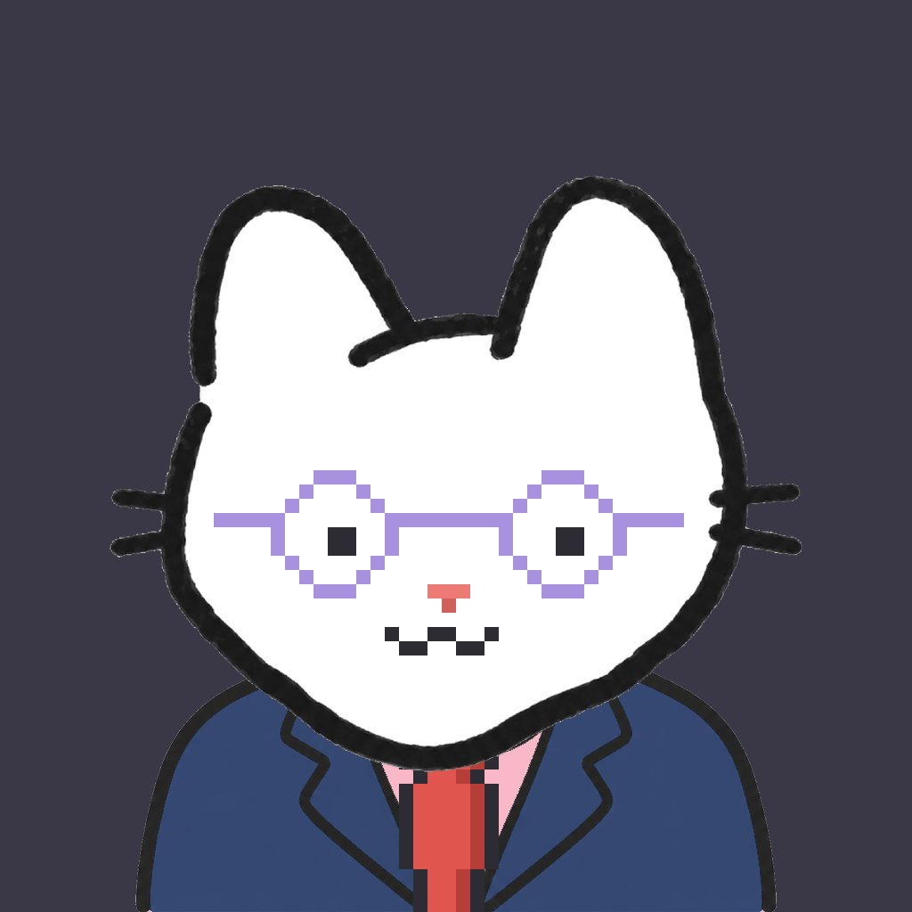 Employee #0075 — a white cat, in a navy suit, with a red tie, wearing round-lavender glasses, on charcoal