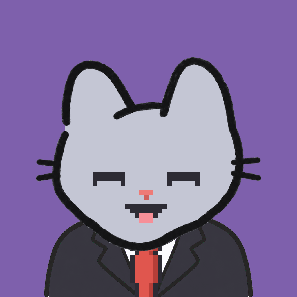 Employee #0750 — a gray cat, in a black suit, with a red tie, on plasma violet