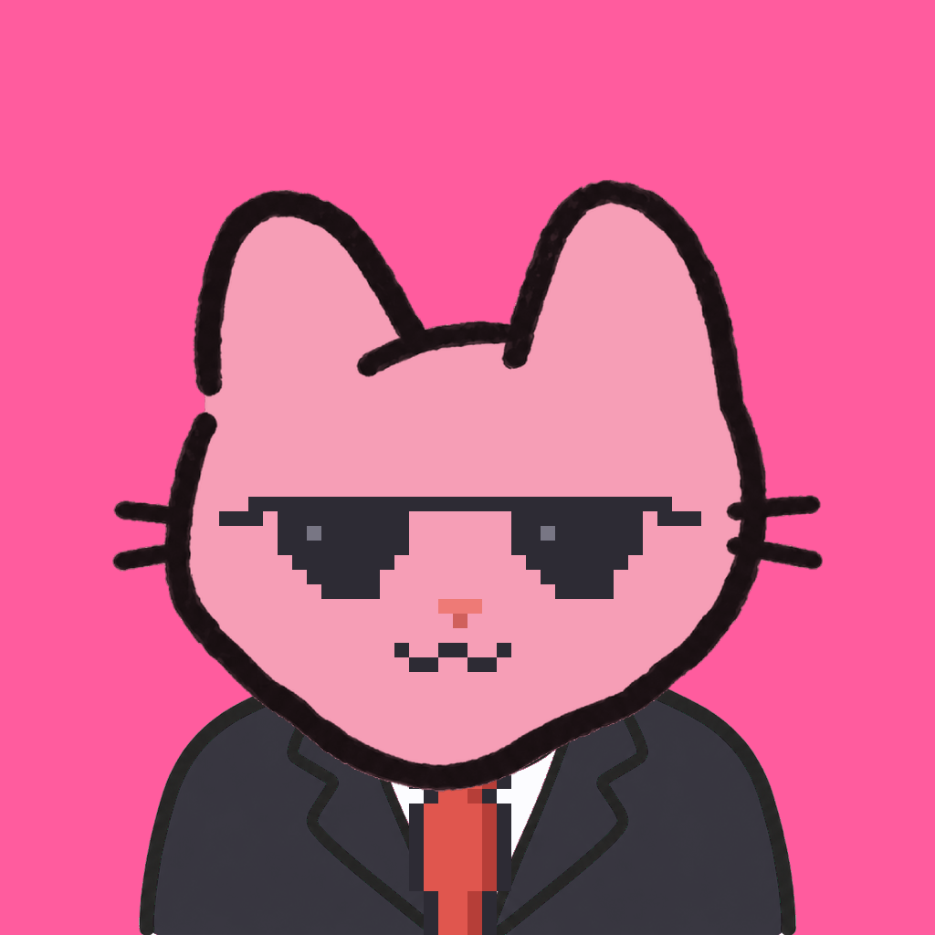 Employee #0751 — a pink cat, in a black suit, with a red tie, wearing shades glasses, on hot pink