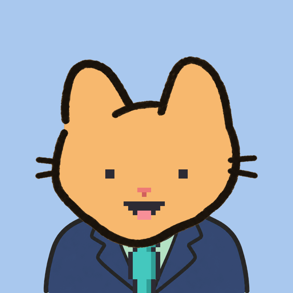 Employee #0752 — a tabby cat, in a navy suit, with a teal tie, on sky