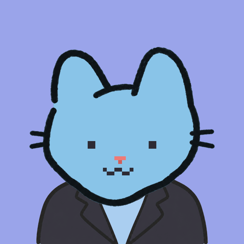 Employee #0753 — a sky cat, in a black suit, on periwinkle