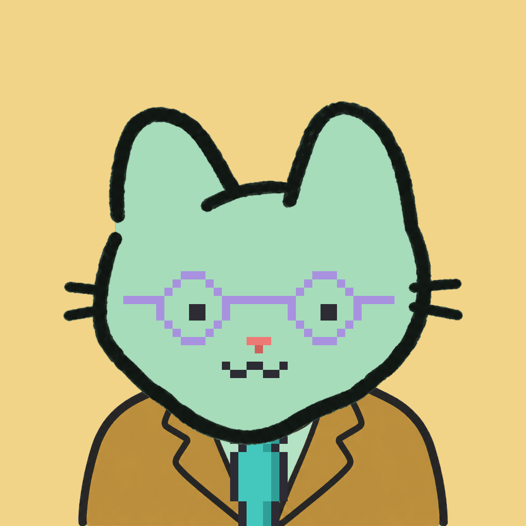 Employee #0754 — a mint cat, in a mustard suit, with a teal tie, wearing round-lavender glasses, on butter
