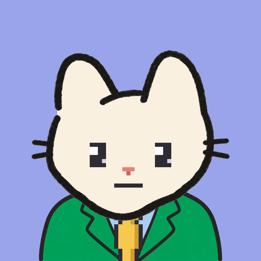 Employee #0755 — a cream cat, in a green suit, with a gold tie, on periwinkle