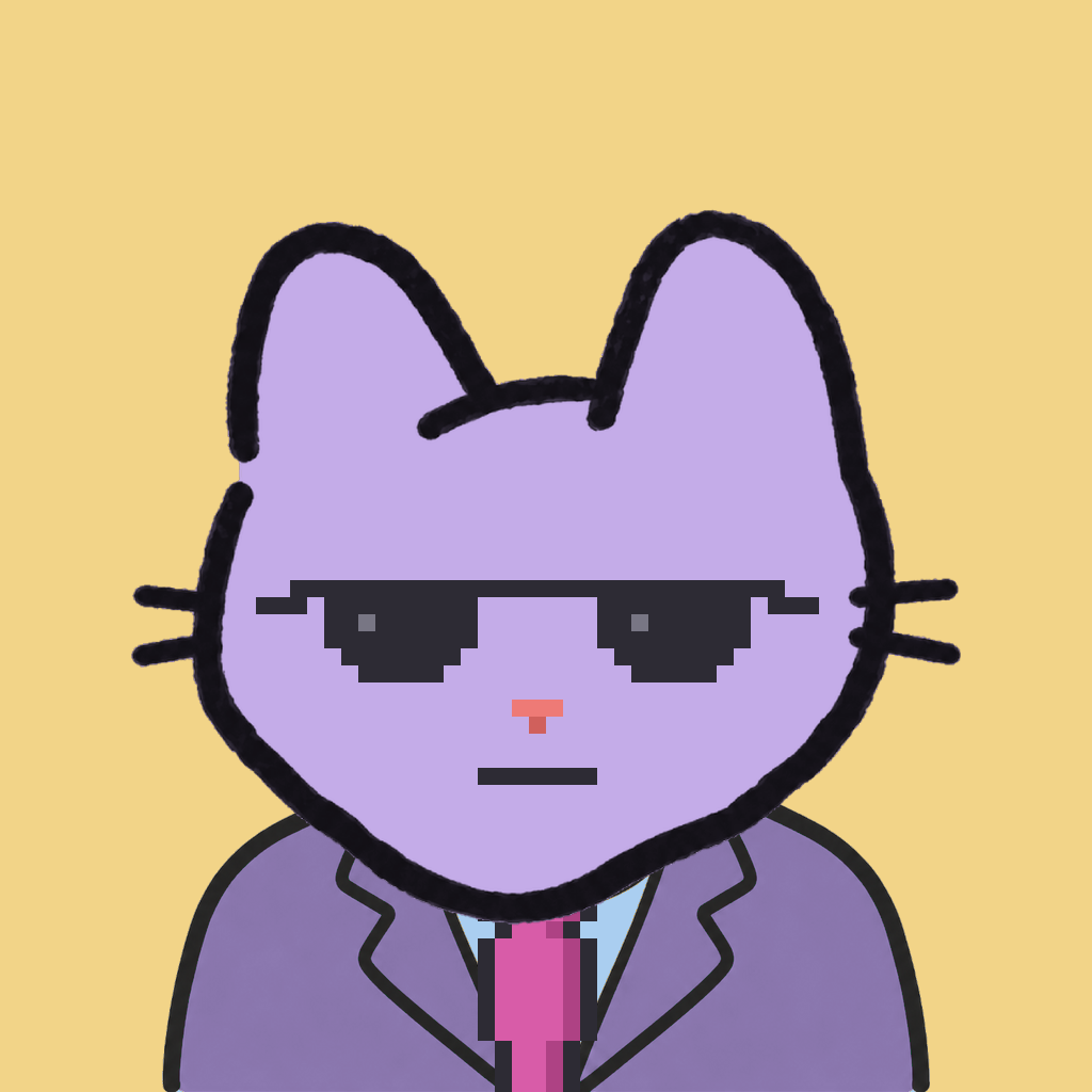 Employee #0756 — a lavender cat, in a lavender suit, with a magenta tie, wearing shades glasses, on butter