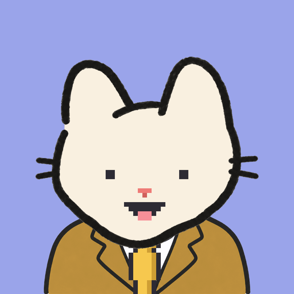 Employee #0757 — a cream cat, in a mustard suit, with a gold tie, on periwinkle