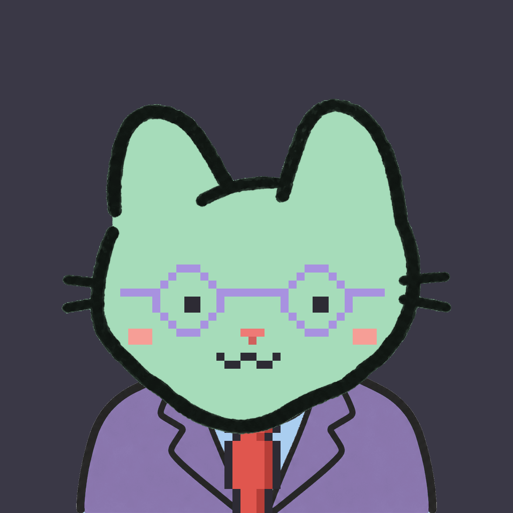Employee #0758 — a mint cat, in a lavender suit, with a red tie, wearing round-lavender glasses, on charcoal