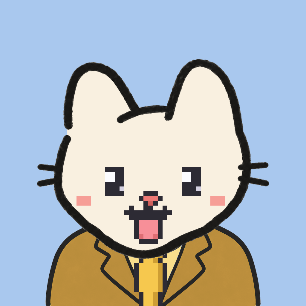 Employee #0759 — a cream cat, in a mustard suit, with a gold tie, on sky