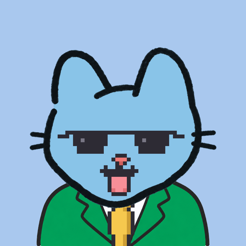 Employee #0076 — a sky cat, in a green suit, with a gold tie, wearing shades glasses, on sky