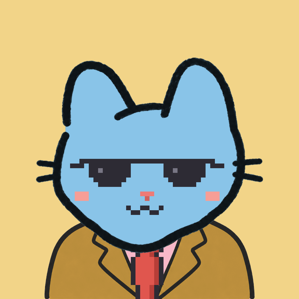 Employee #0760 — a sky cat, in a mustard suit, with a red tie, wearing shades glasses, on butter