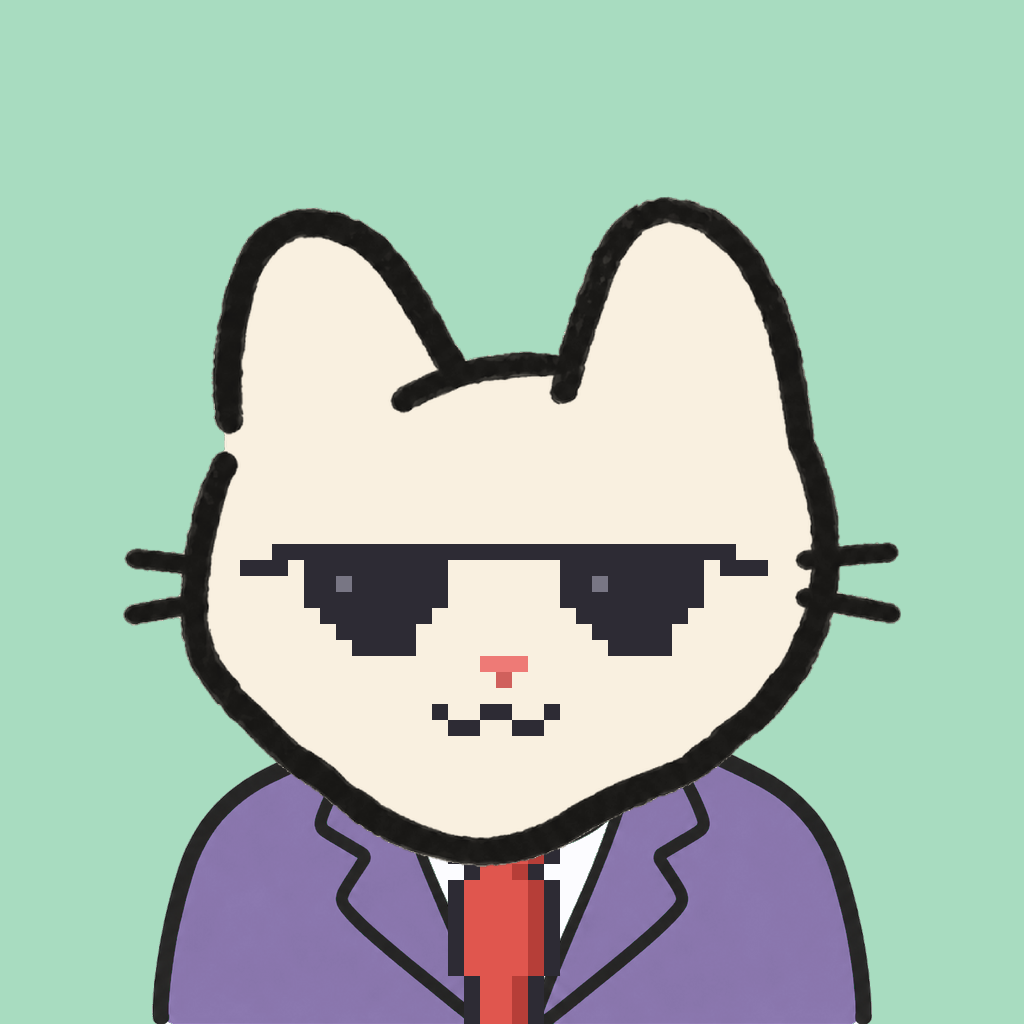 Employee #0761 — a cream cat, in a lavender suit, with a red tie, wearing shades glasses, on mint