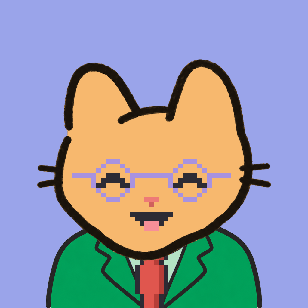 Employee #0762 — a tabby cat, in a green suit, with a red tie, wearing round-lavender glasses, on periwinkle