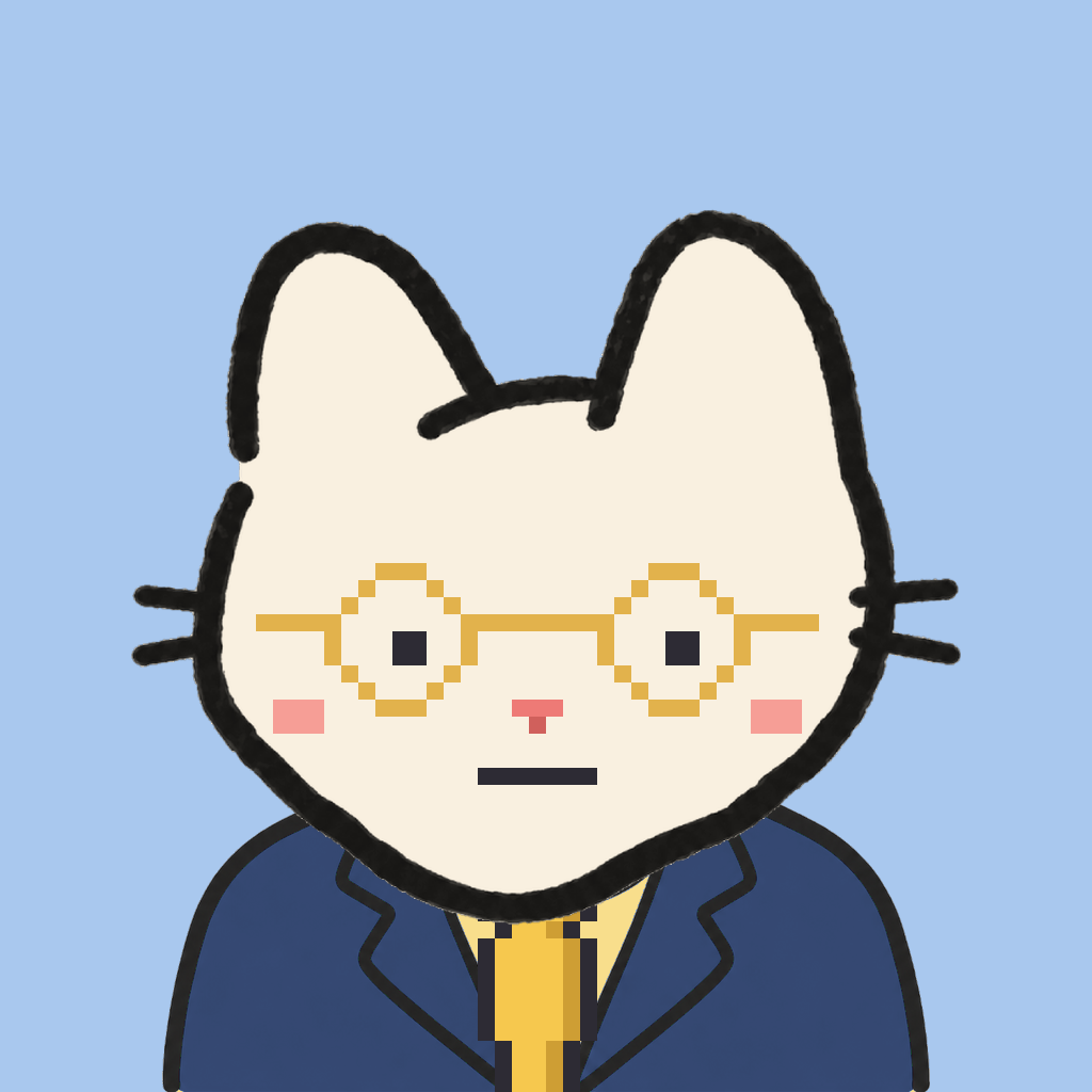 Employee #0763 — a cream cat, in a navy suit, with a gold tie, wearing round-gold glasses, on sky