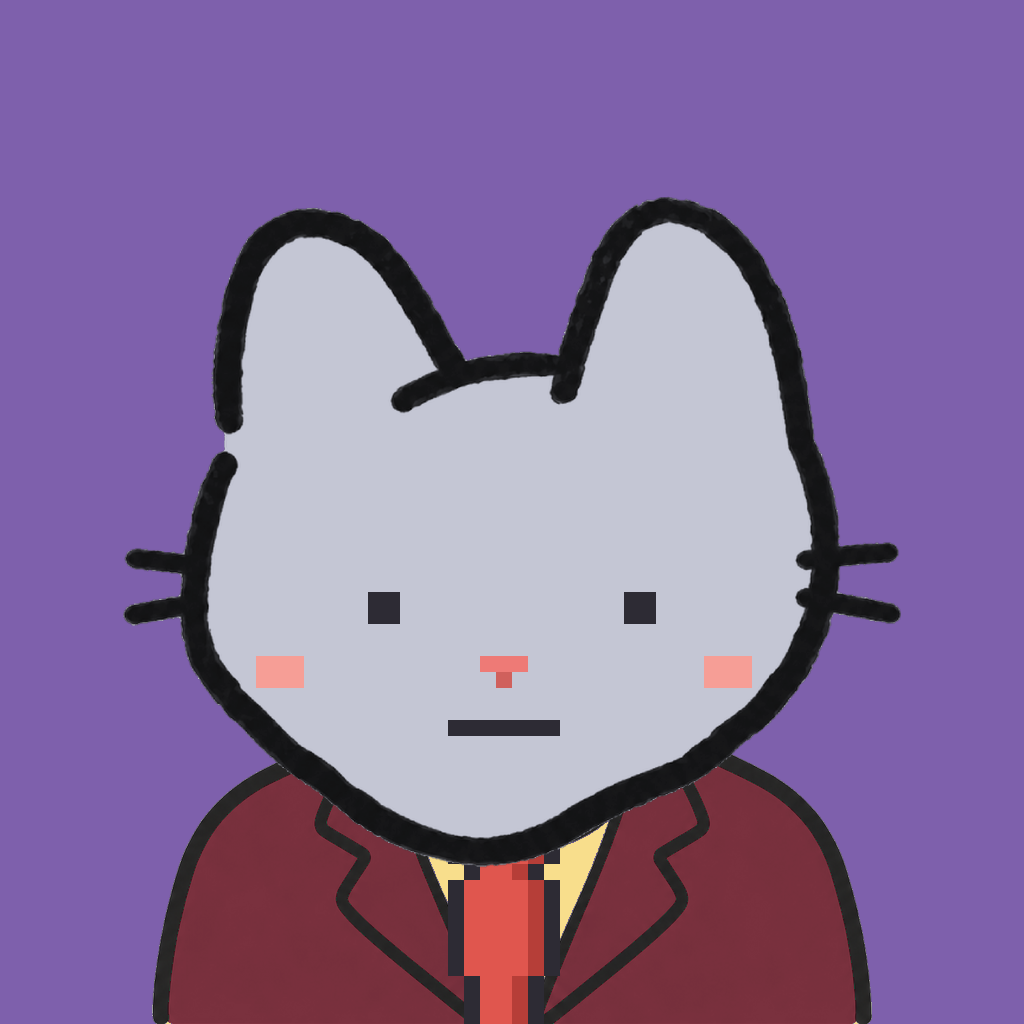 Employee #0764 — a gray cat, in a burgundy suit, with a red tie, on plasma violet