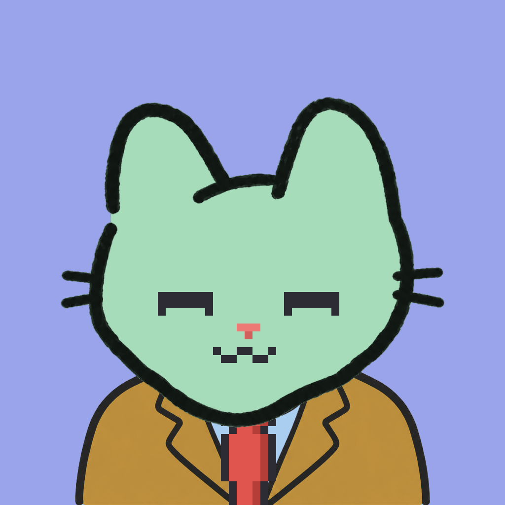 Employee #0765 — a mint cat, in a mustard suit, with a red tie, on periwinkle