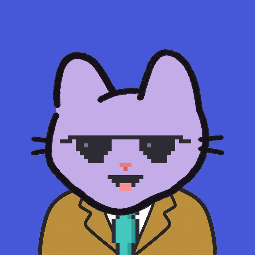 Employee #0766 — a lavender cat, in a mustard suit, with a teal tie, wearing shades glasses, on royal
