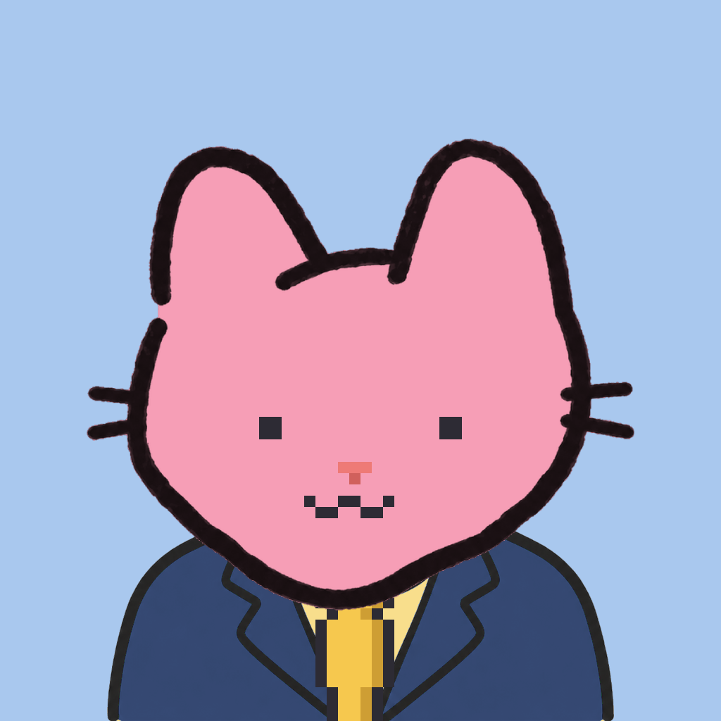Employee #0767 — a pink cat, in a navy suit, with a gold tie, on sky