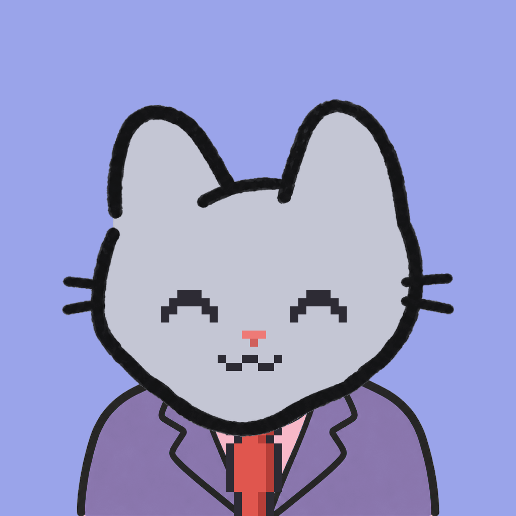 Employee #0768 — a gray cat, in a lavender suit, with a red tie, on periwinkle